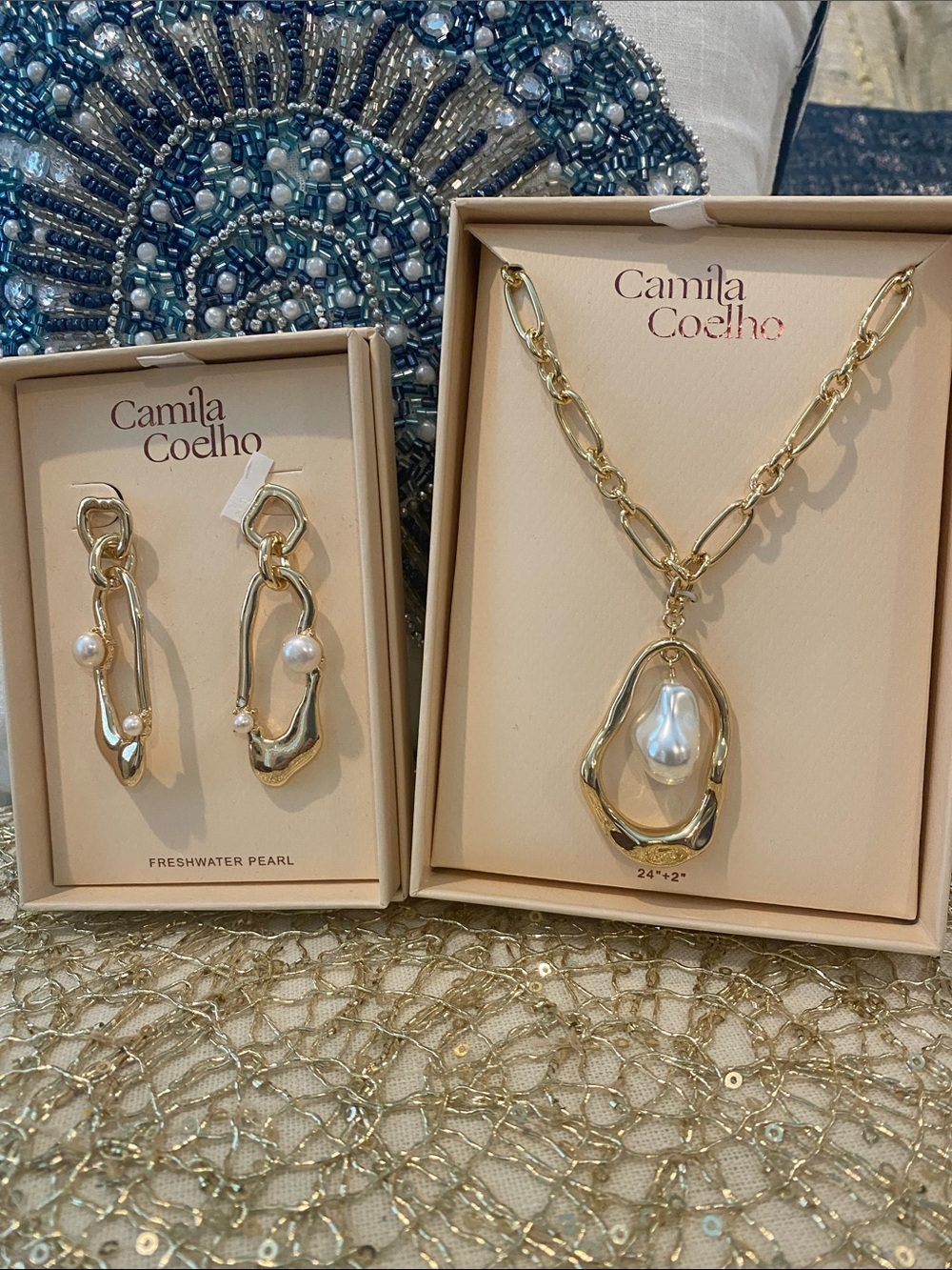 Camila Coelho Gold Organic Pearl Drop Earrings and necklace